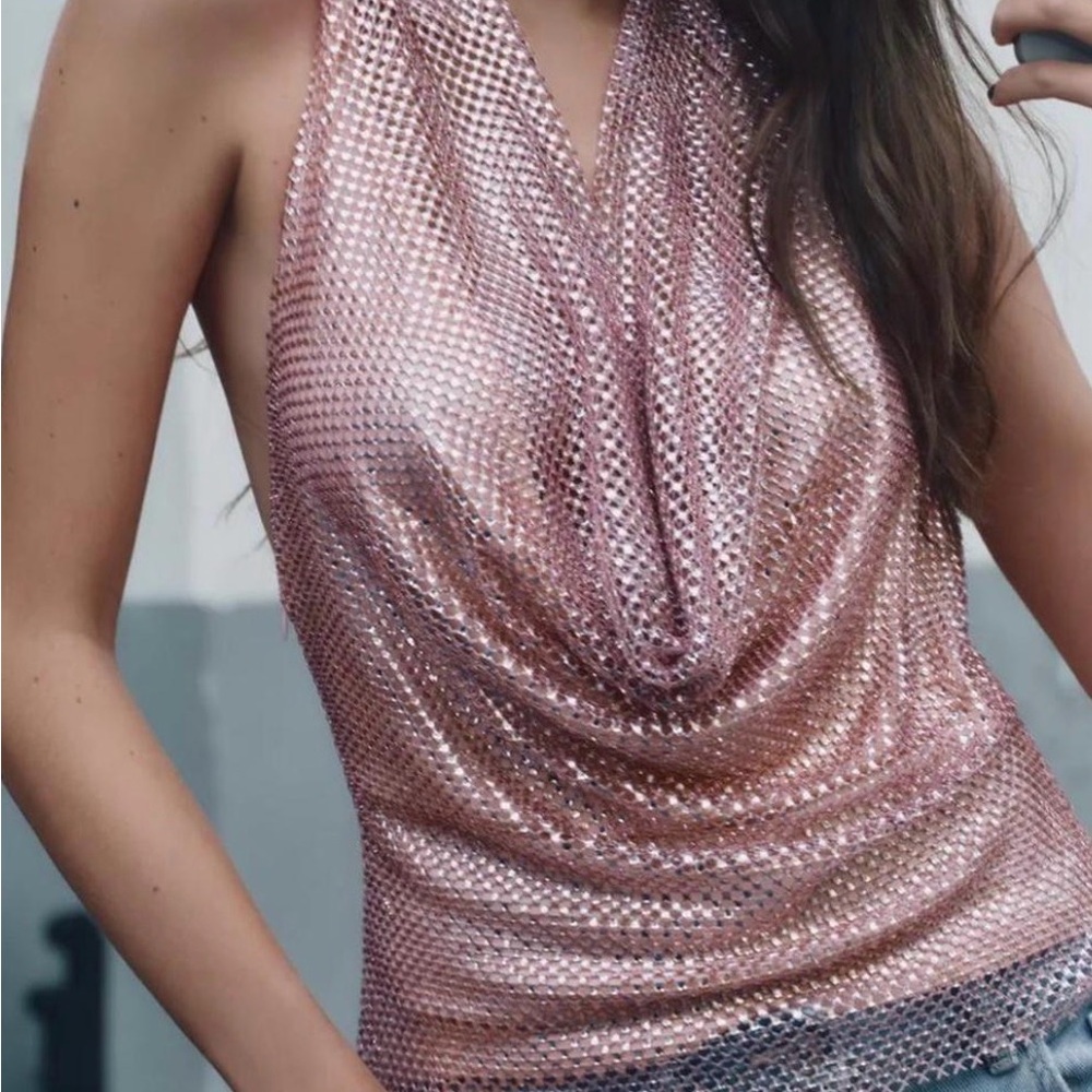Zara Pink Mesh Metallic Halter Neck Women Top Sz Small